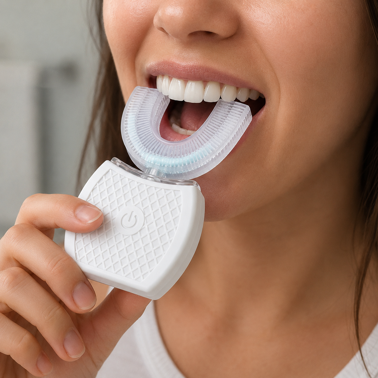 Woman using LumeSmile U-shaped sonic toothbrush with blue LED glow
